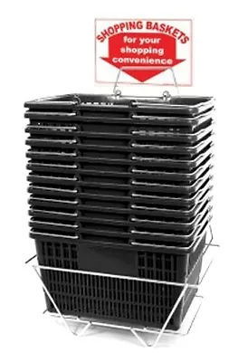 NEW 12 Standard Shopping Baskets - Chrome Handles - Metal Stand And Sign - Black • $110.45