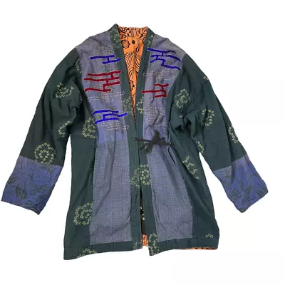 Vintage Kantha Jacket Women’s Orange Blue Reversible Patchwork Embroidered Coat • $82.77