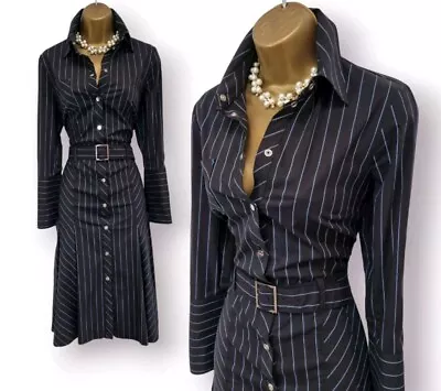 Karen Millen Black Pinstripe Military Utility Wiggle Shirt Belted Dress UK 12 • £69.99