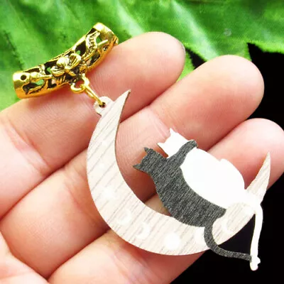 H03742 Black White Mood Cat Moon Tubular Connector Pendant Bead  • $0.20