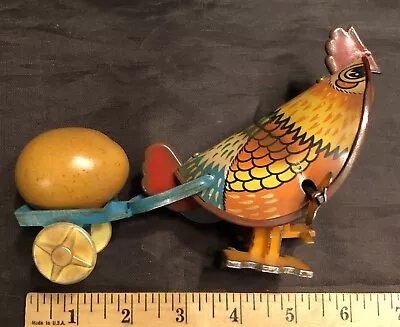 Vintage Tin & Plastic Wind-Up Toy Rooster With Egg In Cart • $25