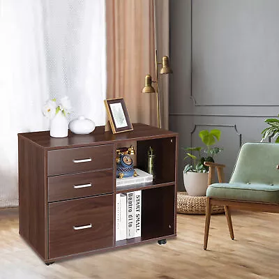 $70.58 • Buy Wood File Cabinet 3 Drawer Shelf Rolling Storage Home Office Organizer Brown
