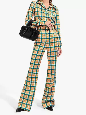 Staud Austin Plaid Flare Pants Hi Rise Stretch Satin Butterscotch 4 NWT $255 • $44.99