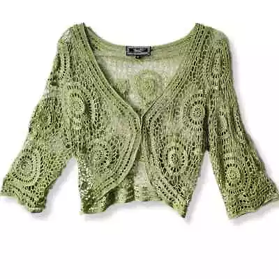 VTG 90s Women Zashi Shrug Cardigan XL Green Crochet Mesh Net Sheer Mermaid Fairy • $28.95