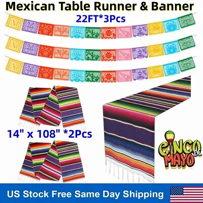 14  X 108  Mexican Table Runner & 22FT Banners For Cinco De Mayo Decorations Set • $19.86