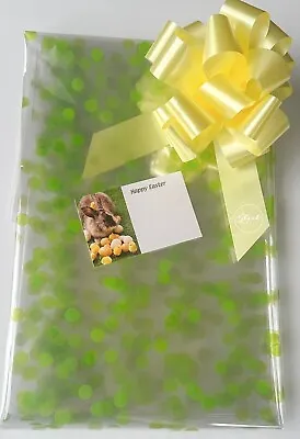 ShredAstic® Green Dot Cellophane Wrap Yellow Pull Bow Easter Card Hamper Kit • £0.99