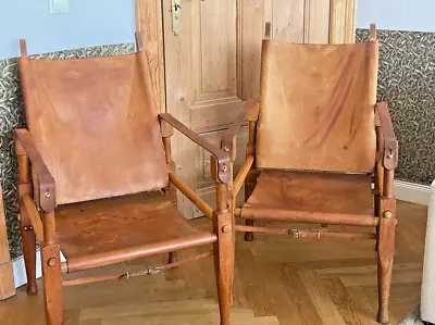 One Of Two Origin. Wilhelm Kienzle Leather Dark Wood Vintage Safari Chair 1950 • £1108.83