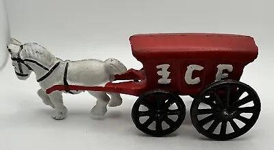 VINTAGE Cast Iron Heavy Horse Drawn ICE Carriage Cart Red & White 7 1/4  • $12.90