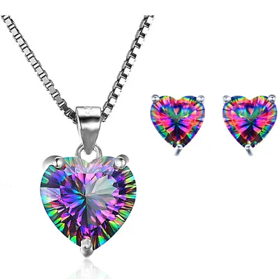 £4.97 • Buy 925 Sterling Silver Heart Rainbow Necklace Stud Earrings Womens Jewellery Gift