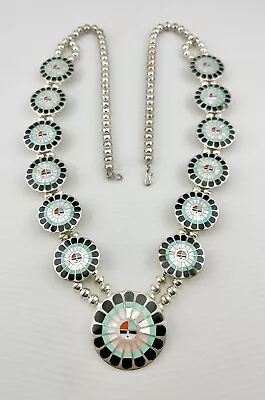 Vintage Zuni Sterling Silver Turquoise Coral Sunface Squash Blossom Necklace 30  • $895