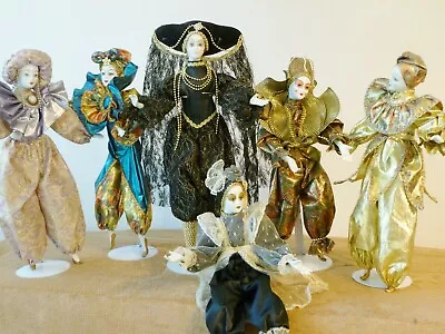 6 Mardi Gras Jester Porcelain Harlequin Dolls 19  • $239