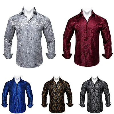 Red Mens Button Down Fashion Paisley Vintage Shirt Long Sleeve Dress Suit Party • £19.99