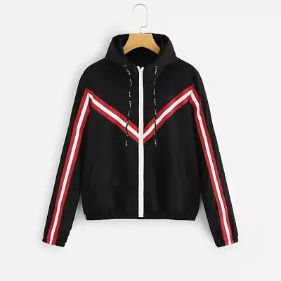 T0# Women Stripe Long-Sleeve Drawstring Hooded Matching Color Zipper Jacket (M) • $25.84