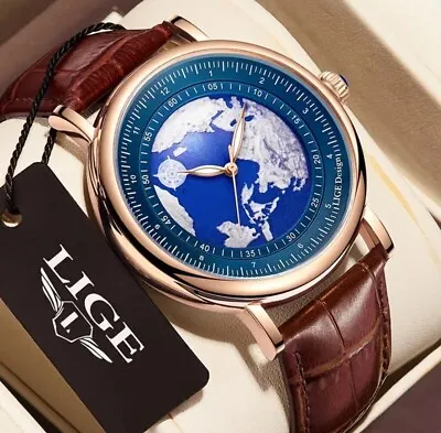 LIGE Men's Creative Waterproof Blue Planet Leather Quartz Wrist Watch • £15.60