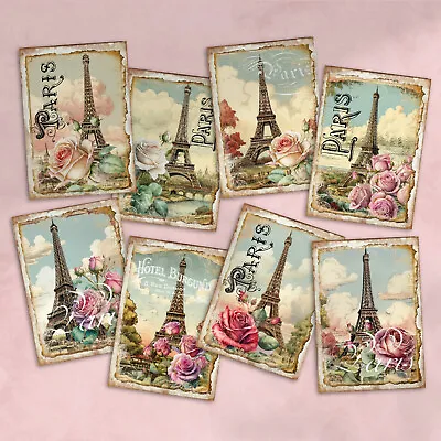 Shabby Chic Rose Paris ATC CardsTags Journal Card Toppers Cards Eiffel Tower • £2.80