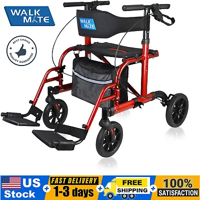 $180.39 • Buy WALK MATE Medical 2 IN 1 Rollator Walker And Transport Wheelchair Chair, Red USA