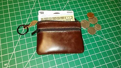 Minimalist Wallet Coin Purse Genuine Leather Brown With 2 Zipper Pockets • $9.45