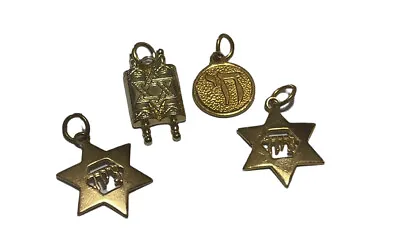 4 Vintage Jewish Gold Tone Charms Or Necklace Pendants Torah Chai 2 Star David • $29.95