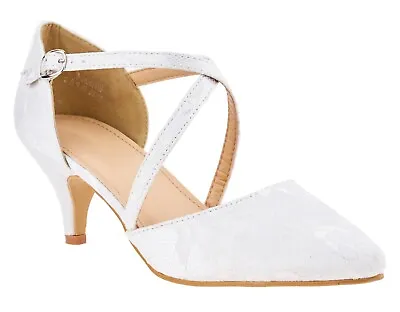 Womens Ivory Lace Low Heel Pointed Full Toe Strappy Bridal Wedding Shoes 3-8 • £19.99
