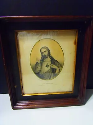 Vintage Wood Framed Sacred Heart Jesus Print New York Park Place 40 • $95