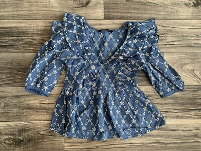 $5 • Buy Zara Womens Poplin Style Blue Embroidered Floral Cutout Shirt Sz XS