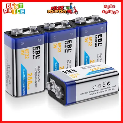 4pcs EBL 9V Rechargeable Batteries NiMH 280mAh Battery For Smoke Alarm Detector • $29.28