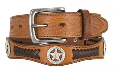 Western Embossed Star Concho Genuine Leather Belt 1-1/2  Wide Black Brown • $39.95