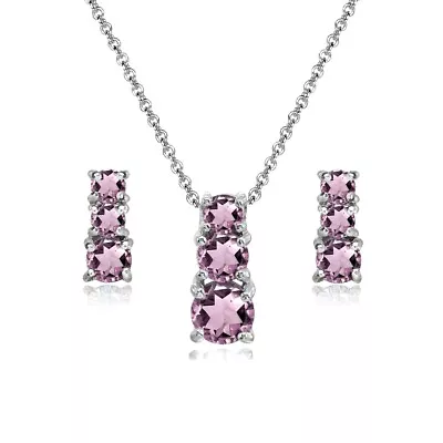 Round Three Stone Simulated Alexandrite 925 Silver Stud Earrings & Necklace Set • $29.99