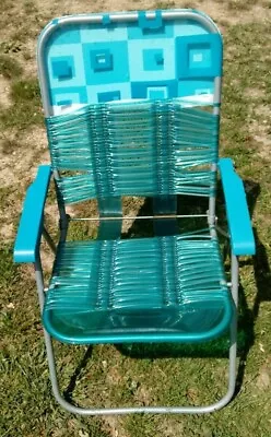 Used Vintage Styling Blue White Folding Lawn Chair Beach Deck Pool Vinyl Tube • $35