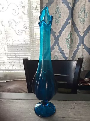 MCM Viking Studio Art Glass Blue Bluenique 17.5” Swung Vase - 6 Petal Epic • $99