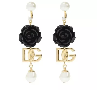 DOLCE & GABBANA Gold Brass Black Rose DG Logo Dangle Drop Earrings Jewelry • £375