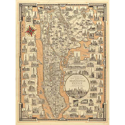 Chase 1939 Pictorial Map NY Manhattan Bronx Large Art Print 18X24  • £15.99