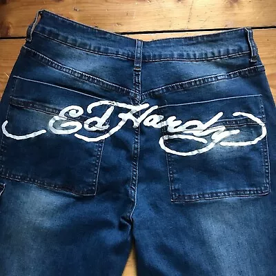 Ed Hardy X Urban Outfitters  Womens Jeans Dragon Logo Y2k 90s Size M 32 - 34 Ish • £65