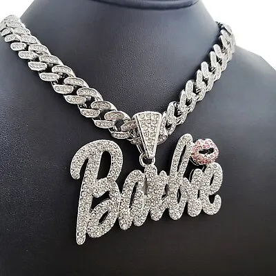 Women Gold Plated Large Barbie Charm & Iced Cubic Zirconia Cuban Chain Necklace • $37.99