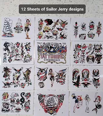 Sailor Jerry Tattoo Flash Designs. 12 Sheets Superior Quality & LAMINATED • £14.95