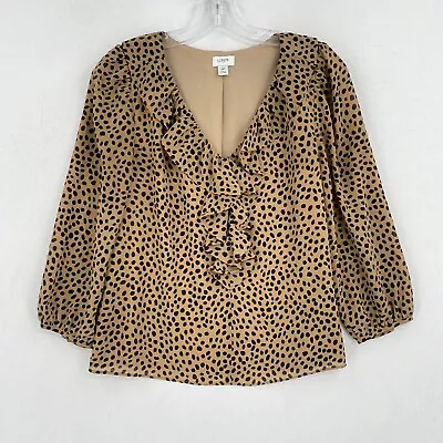 J Crew Womens Top Size Small Leopard Animal Print Cat Ruffle V-Neck Long Sleeve • $9.50