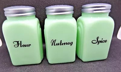 3 Jadeite SPICE-NUTMEG-FLOUR Art Deco Green Milk Glass Vintage-Style Shaker-NOS • $24.99