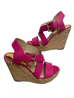 Michael Kors Pink Leather Strappy Espadrille Wedge Heeled Sandal Womens Size 6 • $29.99