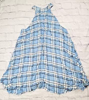 Mud Pie Sz Large Clara Swing Dress Blue Plaid Sundress Sleeveless Tank Frayed L • $13.95