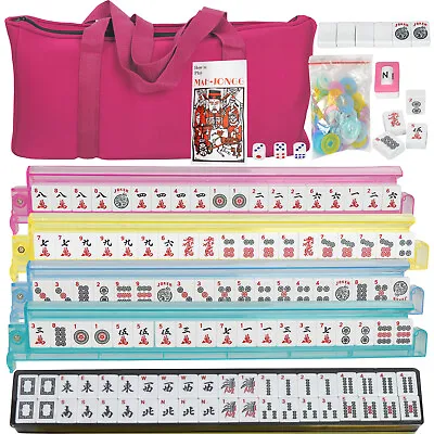 Mahjong Set 166 Tiles 4 Colors Pushers/Racks Mah Jongg Set W/Soft Bag • $49.58