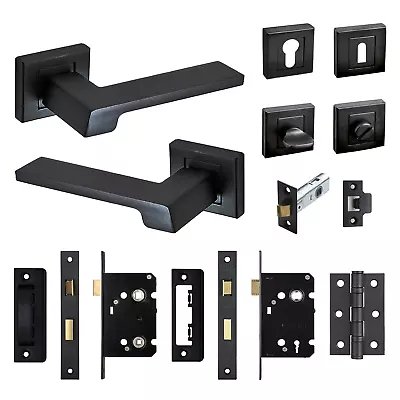 Square Rose Black Internal Door Lever Handle Pack Latch Sash Bathroom Lock Kit • £3.99