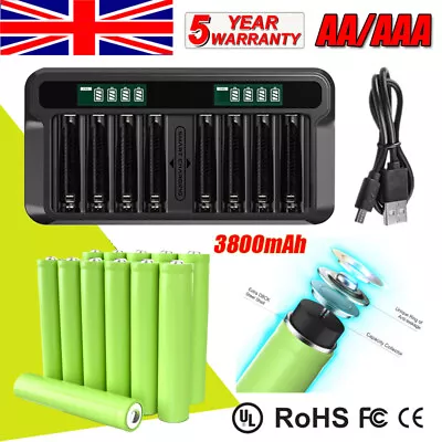 8x 1.2V 3800mAh AA / AAA Rechargeable Lithium Batteries AA + Li-ion Charger • £12.99