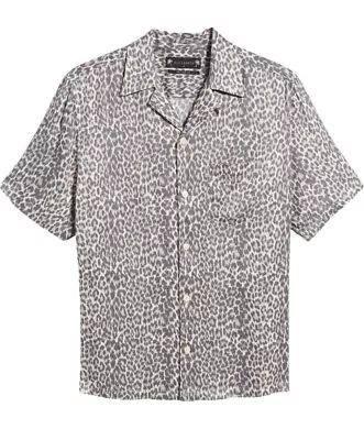 AllSaints Cult Leopard Short Sleeve Camp Collar Button Shirt Grey Pink Sz Large • $70