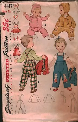 4417 Vintage Simplicity Sewing Pattern Girls 1950s Boys Infant Overalls Jacket • $5.59