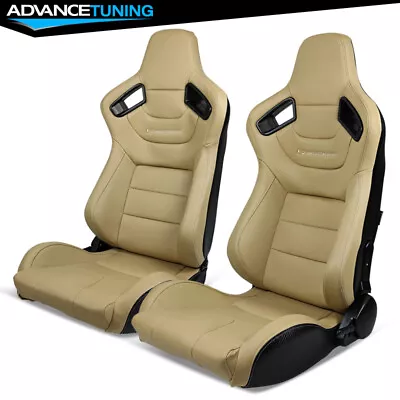 Reclinable Pair Racing Seats + Dual Sliders Beige PU & Carbon Leather Back • $354.99