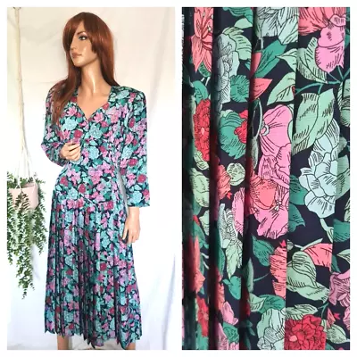 Vintage 80s As 1940s Wartime Style Floral Tea Dance Pleated Empire Dress 14 • £24.99