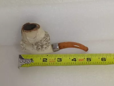 Old Meerschaum Pipe Man W/ Mustache Feather Cap  Loose Amber Stem Silver Band • $195