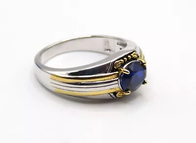 Handsome NWT Sterling Silver W/18k YG Lab Created Blue Sapphire Mens Ring Sz 12 • $64.99