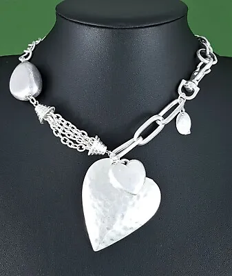 Modern Matte Rustic Silver Decorative Link Chain Hammered Heart Charms Necklace • £11.99