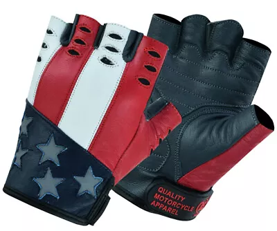 Mens Womens Patriot USA Quality Fingerless Genuine Leather Motorcycle Gloves • $29.95